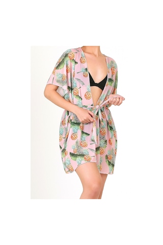 Pareo Plaj Elbisesi Kimono Std Yazlık Oversize Tül Gömlek Kemerli Elbise Ananas Somon