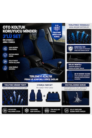Oto Koltuk Koruyucu Minder 3 Lü Set Terletmez Kumaş Ön 2 Arka 1 Parça Mavi