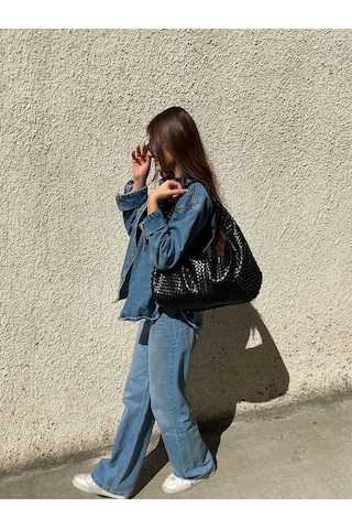 Öznora Milano Örgü Desen Kadın Omuz Çantası En 51 Cm Boy 30 Cm Siyah