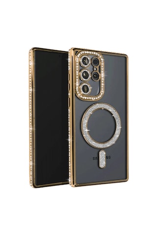 Samsung Uyumlu Galaxy S25 Ultra Kılıf Joke Simli Magneticsafe Kılıf - Gold