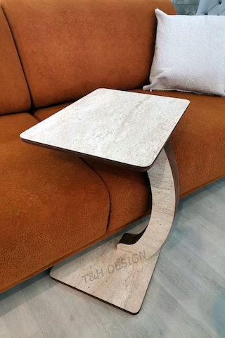 C Sehpa Dikdörtgen, Tekerlekli Yan Sehpa, %100 Mdf Yan Sehpa Traverten