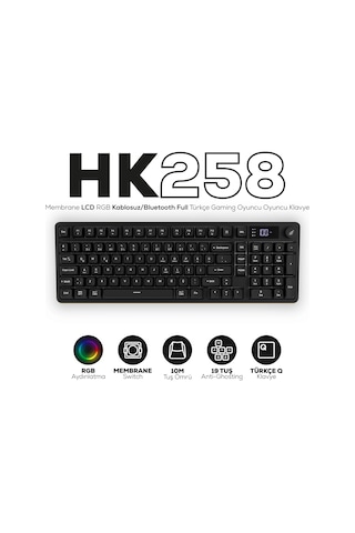 Hk258 Membrane Lcd Rgb Kablosuz/bluetooth Siyah Full Türkçe Gaming Oyuncu Klavye