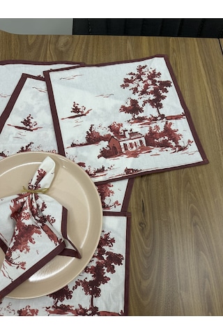 Toile De Jouy Monet Amerikan Servis 6 Lı Set 30x30 Cm %100 Pamuk Dijital Baskılı Country Tarzı Fransız Masa Dekoru - Zt730 Kırmızı