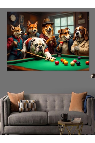 Bilardo Masasında Köpekler Dekoratif Kanvas - Mdf Ahşap Tablo