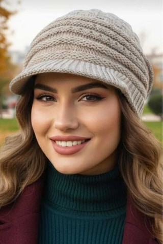 Tezzgelsin Kadın Çift Kat Siperli Triko Örme Bere Triko Bere Taş