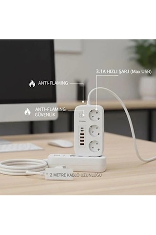 Akım Korumalı Priz Ve Masaüstü Şarj İstasyonu Kablosuz 3 Priz ,4 Usb, 2 Type-c Girişli 2 Metre 1