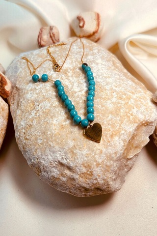 Turkuaz Doğal Taşlı Kalp Tasarım Gold Altın Renk Kadın Paslanmaz Çelik Zincir Kolye