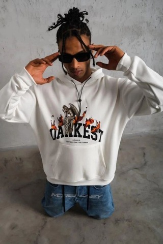 Butik İstanbul Erkek Oversize Kapüşonlu Sweatshirt Beyaz Renk Üç İplik İçi Pamuklu Kanguru Cepli Baskılı Hoodie Rahat Kalıp Kışlık Günlük Kombinlere Uygun - Beyaz