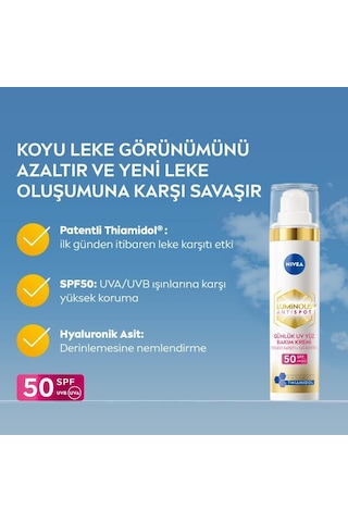 Nıvea Luminous630 Leke Karşıtı Gündüz Bakım Kremi 40ml, Spf50 Yüksek Güneş Koruyucu, Hyaluronik Asit, E Vitamini, Hassas Cilt, Yüz Güneş Koruyucu, Koyu Leke, Güneş Lekesi Karşıtı Sku: Smg869001039295 Açık Bej