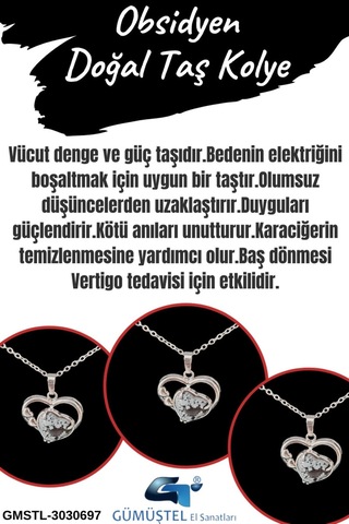 Sertifikalı Doğal Obsidyen Taşı Kolye Kalp Tasarım Aaa Kalite Çok REnkli
