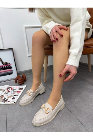 Bej Cilt Fiona Toka Detay Ortopedik Taban Kadın Loafer-5188 Bej