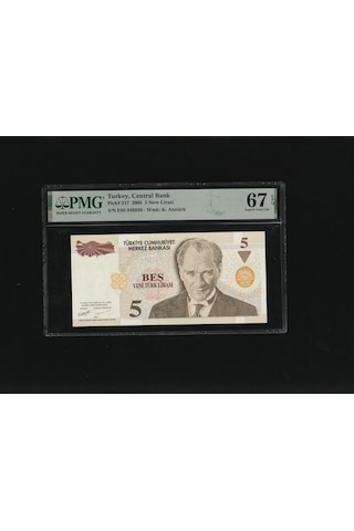 Beş Yeni Türk Lirası 5 Ytl P217 2005 Pmg 67 Epq Superb Gem Unc S/n E05 946939 8.ems 1.t