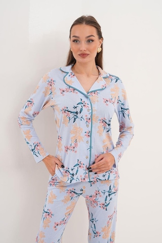 Çift Kaplan Kadın Pamuk Modal Gömlek Yaka Önden Açık Mavi Pijama Takımı 7003 Mavi