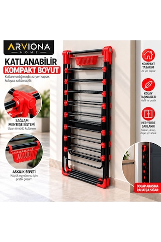Arvıona Home 170 Cm Kalın Borulu Katlanabilir Metal Çamaşır Kurutmalığı 8 Borulu Kırmızı