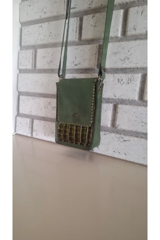 Çağla Yeşili Hakiki Deri Mini El Yapımı Çapraz Çanta Yeşil