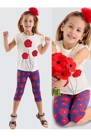Denokids Fırfırlı Kırmızı Gelincik Kız Çocuk Yazlık T-shirt Tayt Takım