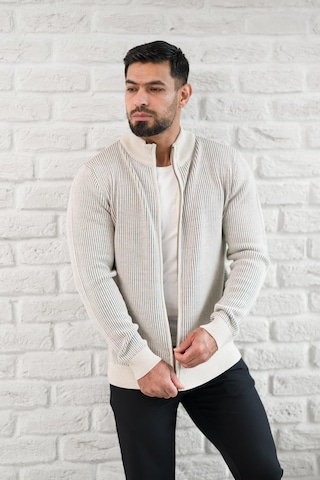 San&fa Dik Yaka Çizgili Fermuarlı Regular Fit Yünlü Triko Hırka Krem