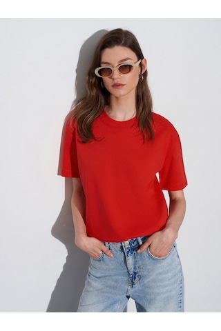 Dilvin Kadın Pamuk Bisiklet Yaka T-shirt Kırmızı - 101a30312