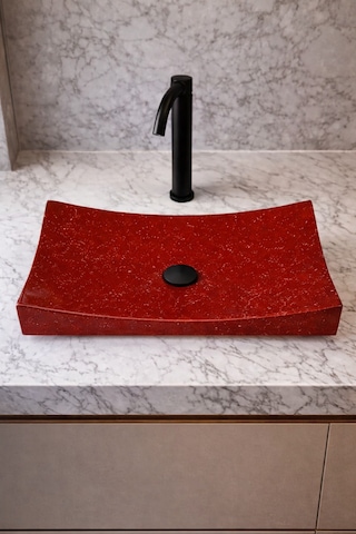 Mermer Desenli Tezgah Üstü Kayık Model Taş Lavabo 35 X 60 Cm Bordo