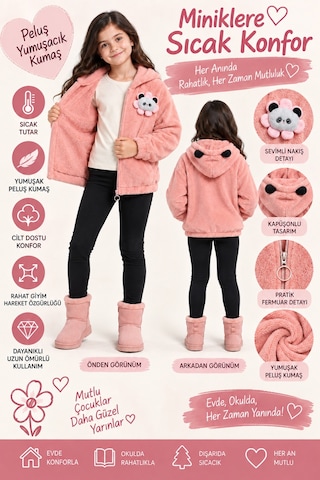 Ahengim Kız Çocuk Peluş Kapüşonlu Fermuarlı Mont Panda Aksesuarlı Yumuşak Dokulu Kışlık Ceket Ak4126 Pembe