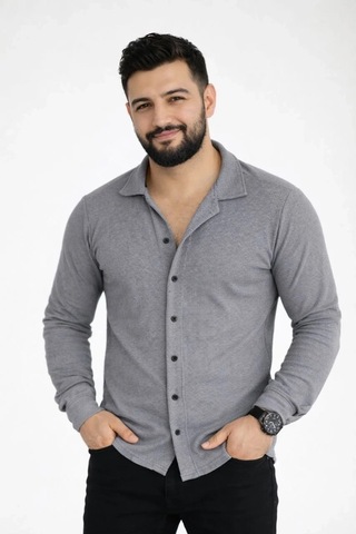 Tarzyeri Erkek Waffle Kumaş Uzun Kollu Düğmeli Açık Yaka Regular Fit Gömlek - Füme