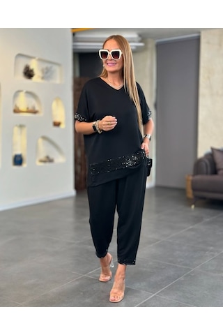 Gülsüm Aydın Kadın Kısa Kollu V Yakalı Pul Payetli Viskon Iki Iplik Bluz Ve Pantolon Ikili Takım Leopar