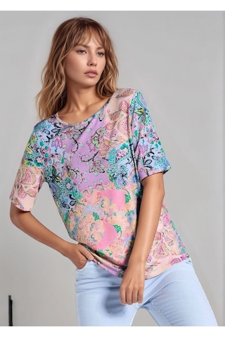 Mamayaga Kadın Bisiklet Yaka Kısa Kol Desenli Spor Şık Viskon Tshirt Bluz Renkli