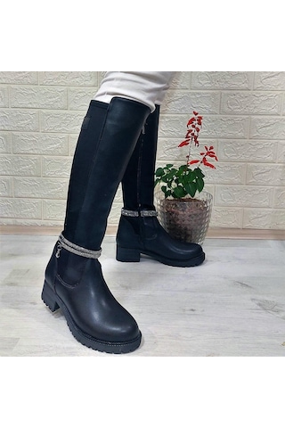M.p 2753 Siyah Taşlı Ligralı Fermuarlı 45cm Bayan Çizme 001