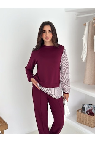 Kadın Gömlek Detay Çizgili Yandan Bağlamalı Ikili Takım Bordo