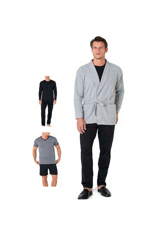 Pierre Cardin 5640 Erkek Triko Sabahlıklı 5'li Pijama Takım-gri Gri Melanj
