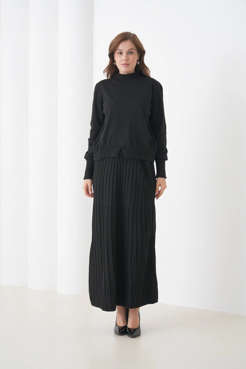 Kadın Pileli Etek Kazağı V Tasarım Tesettüre Uygun Örgü Triko Etek Kazak Takım Siyah