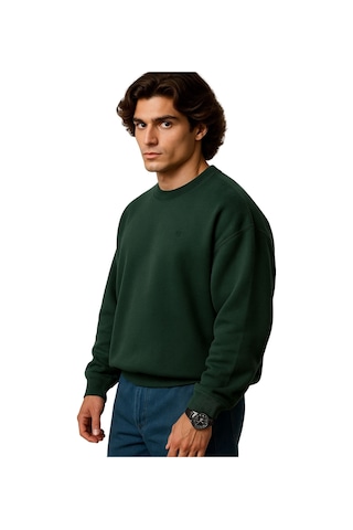 Erkek Büyük Beden 122 Kilo-158 Kilo Arası İçin Uygun Geniş Kalıp Bisiklet Yaka Pamuklu Selanik Kazak Koyu Yeşil