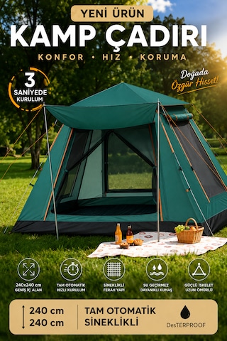 6 Kişilik Otomatik Kurulumlu Kamp Çadırı Sineklikli & 1000 Mm Su Geçirmez Outdoor Çadır Bej Haki
