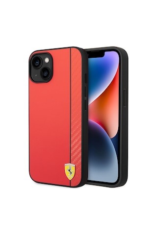 İphone Uyumlu 14 Kılıf Ferrari Lisanslı Magsafe Uyumlu Pu Deri Ve Karbon Şeritli Dizayn Kapak Kırmızı