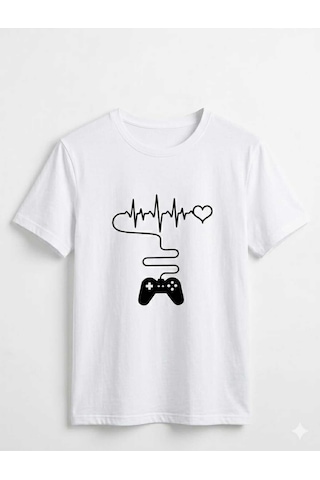 Erkek Beyaz Gamer Oyun Konsolu Kalp Ritmi Baskılı %100 Pamuk T-shirt Beyaz