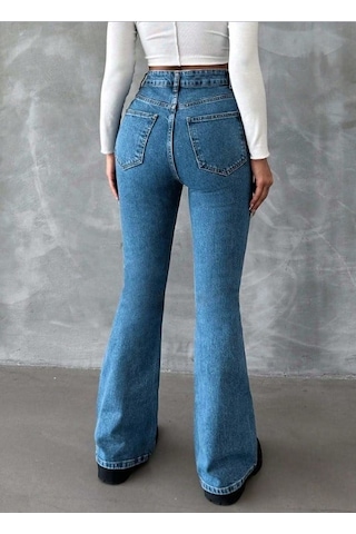Herton Yüksek Bel İspanyol Paça Jean Pantolon - Eskitme Detaylı Full Pamuklu Flare Denim Koyu Mavi