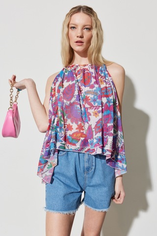 Regular Fit Normal Kesim Bisiklet Yaka Kolsuz Desenli Kloş Bluz Renkli