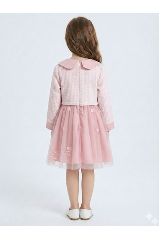 Xo Kids Bebe Yakalı Çiçek İşlemeli Tüllü Fiyonklu Kız Çocuk Elbise 3-8 Yaş 4423 Pembe