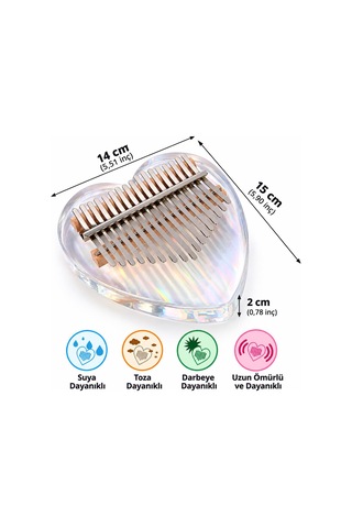 Valkyrie 17 Tuşlu Kalp Şeklinde Kalimba Şeffaf Akrilik Başparmak Piyanosu Nota Etiketli Çantalı Set