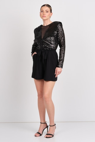 Explosion Kadın Ön - Arka Derin V Yaka Ve Transparan Payetli Kısa Abiye Tulum 2419 Siyah Siyah