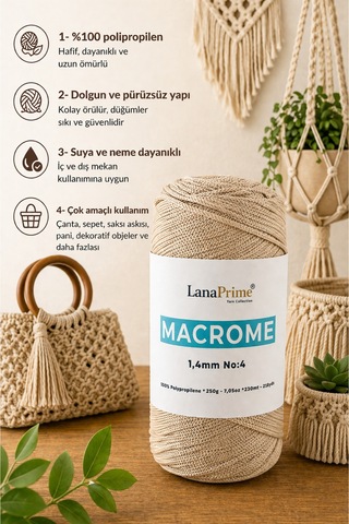 Lanaprime Makrome Örgü İpi 1,4mm 230mt Çanta İpi 200gr Polipropilen - Bej