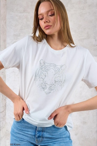 Kadın Krem Kaplan Baskılı %100 Pamuk T-Shirt