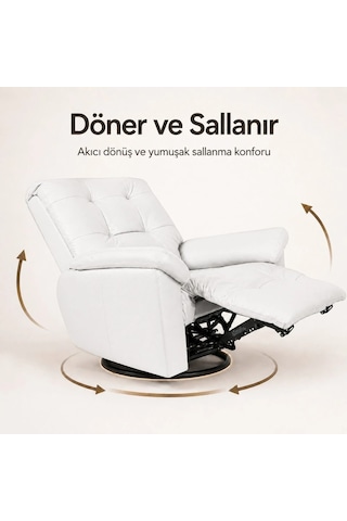 Smarto Relax Basel Elektrikli Masajlı Döner Sallanan Tv Koltuğu Kontrol Panelli Ergonomik Gerçek Deri Baba Koltuğu Beyaz