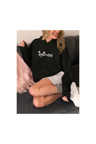 Stil X Sevimli Pandalar Baskılı Kadın Sweatshirt Siyah-6