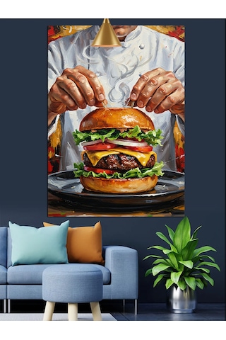 Burger Yapan Bir Adam Dekoratif Kanvas - Mdf Ahşap Tablo