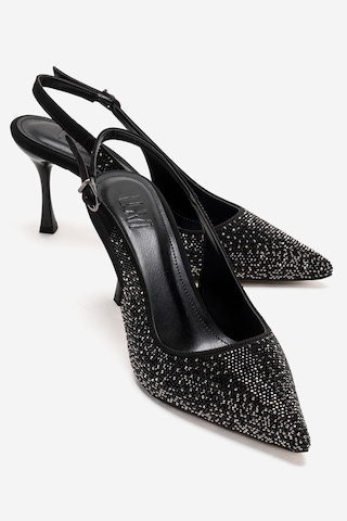 Luvishoes Johanna Siyah Platin Taşlı Kadın Topuklu Ayakkabı Siyah