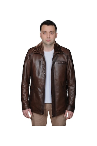Derije Owen Hakiki Deri Erkek Kürklü Kestane Karartma Ceket-Mont-Kaban
