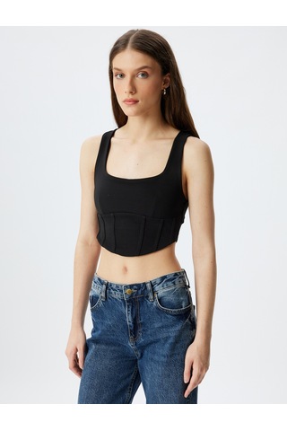 Koton Crop Korse Görünümlü Üst Kolsuz Kare Yaka Siyah 5wak10254ek Siyah