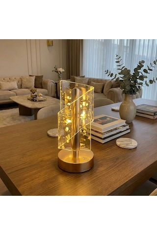 Çapraz Kavisli Kristal Altın Toz Model Led Masa Lambası Gold Gövdeli, Dokunmatik, 3 Kademe Işık Ayarlı Şarjlı Dekoratif Lamba Altın - Çok Renkli