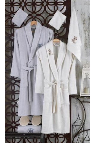 Güvenal Rüya 10 Parça Nakışlı Bornoz Seti | Bornoz Takımı Kahverengi - Pudra